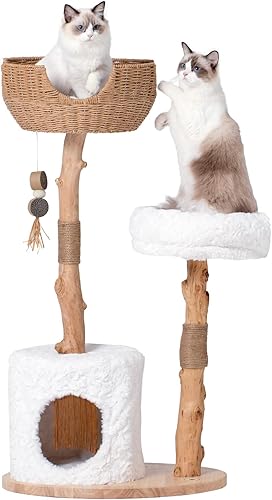 PEGIC Torre de árbol para gatos con dos ramas reales, torre moderna de madera para gatos de 44 pulgadas con condominio de lujo, poste rascador para
