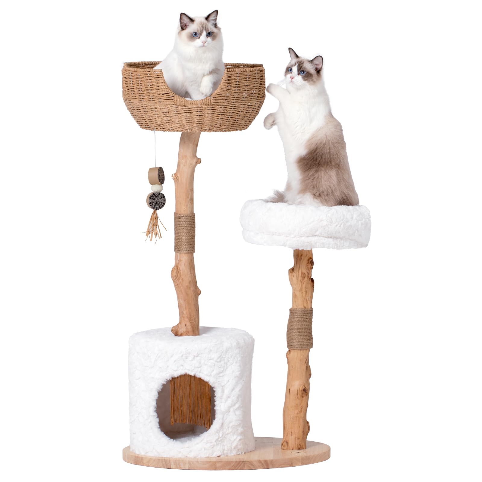 PEGIC Cat Tree Tower with Two Real Branches, 44 INCH Wood Modern Cat Tower with Luxury Cat Condo, Cat Scratching Post, Jumping Platforms, Cat Furniture (Short Plush)