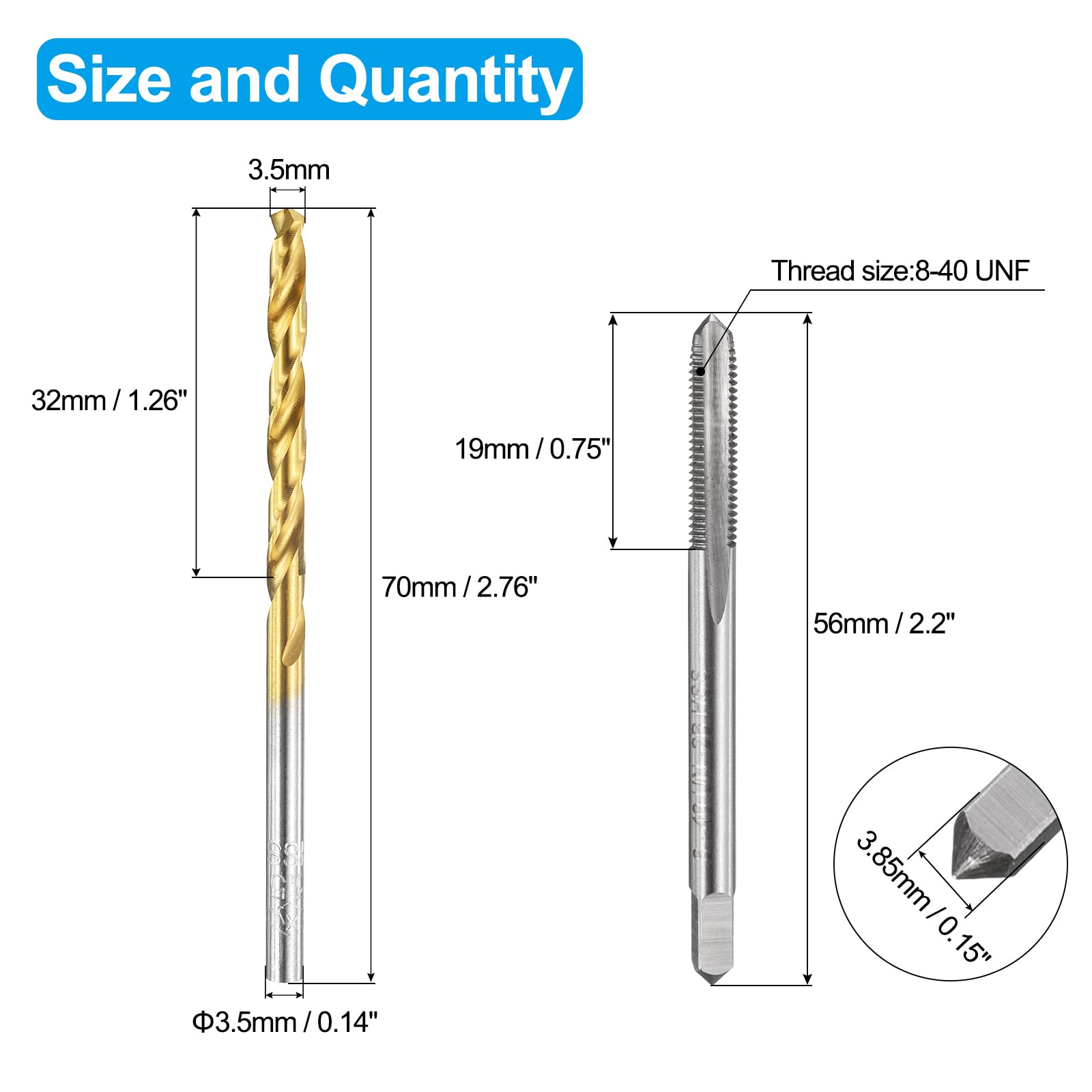 Set di maschi e punte da trapano, 1 maschio per filettatura a scanalatura dritta 8-40 UN e 1 punta elicoidale da 3,5 mm, kit di utensili per filettatura HSS-6542 non rivestiti/rivestiti in titanio