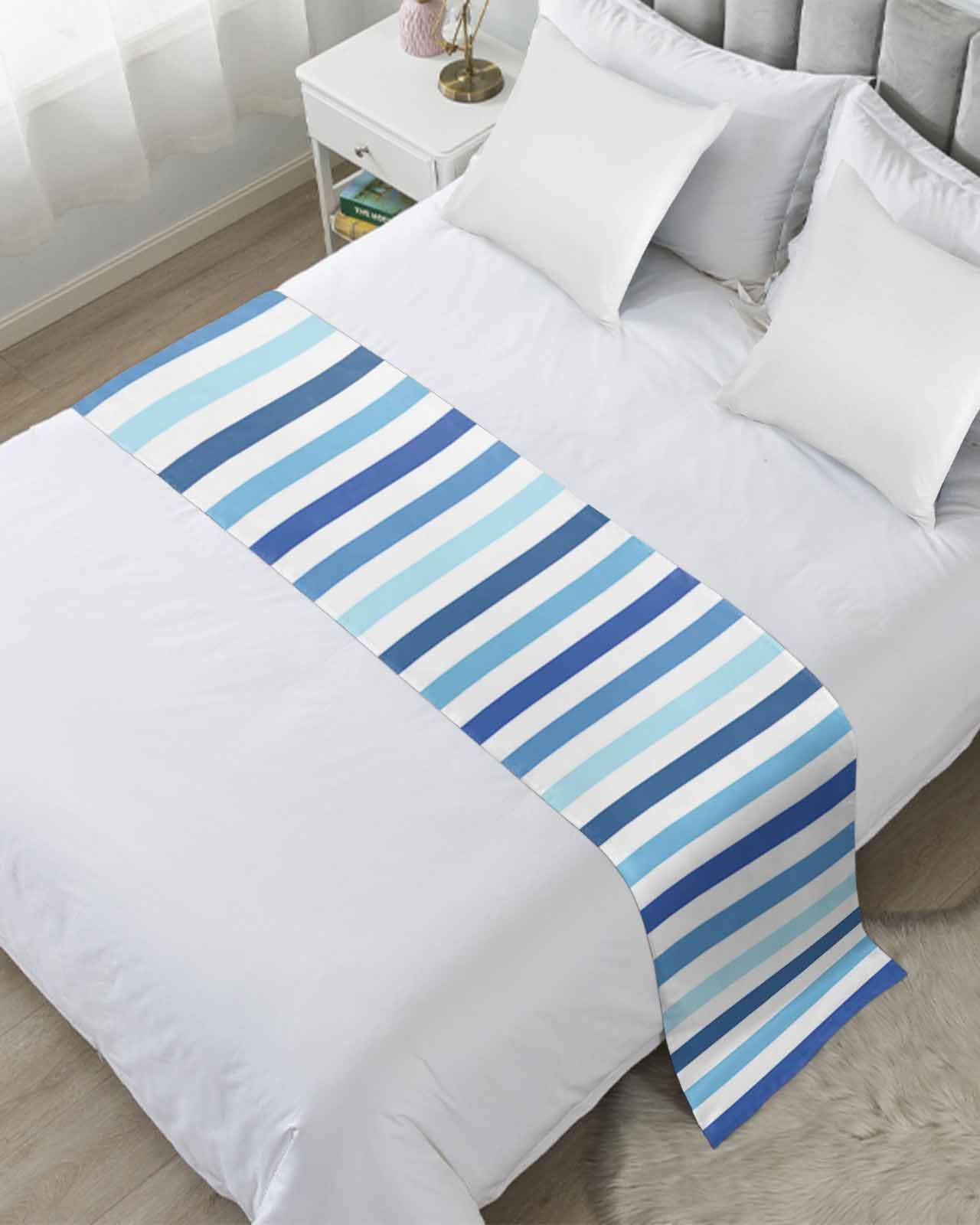 Full Bed Runner Ocean Blue Gradient Stripes Bedding Runner Scarves Decorative Bed Scarf, Minimalist Style Soft Bed Runners for Bedroom Hotel Wedding 83x20in