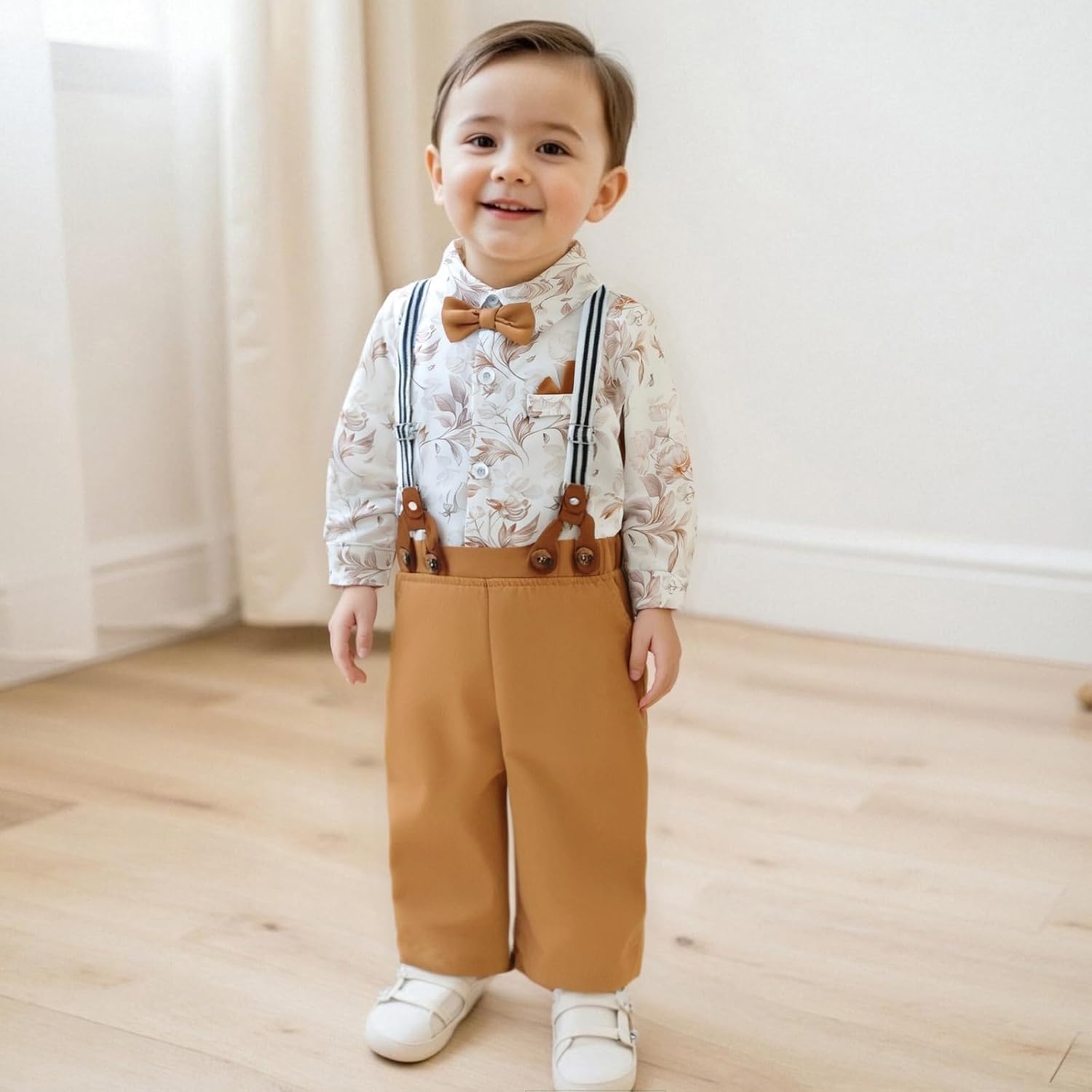 fhutpw Toddler Boy Clothes Suit Formal Dress Shirt with Bowtie & Suspender Pants Kids Gentleman 3pcs Wedding Outfits - Image 7
