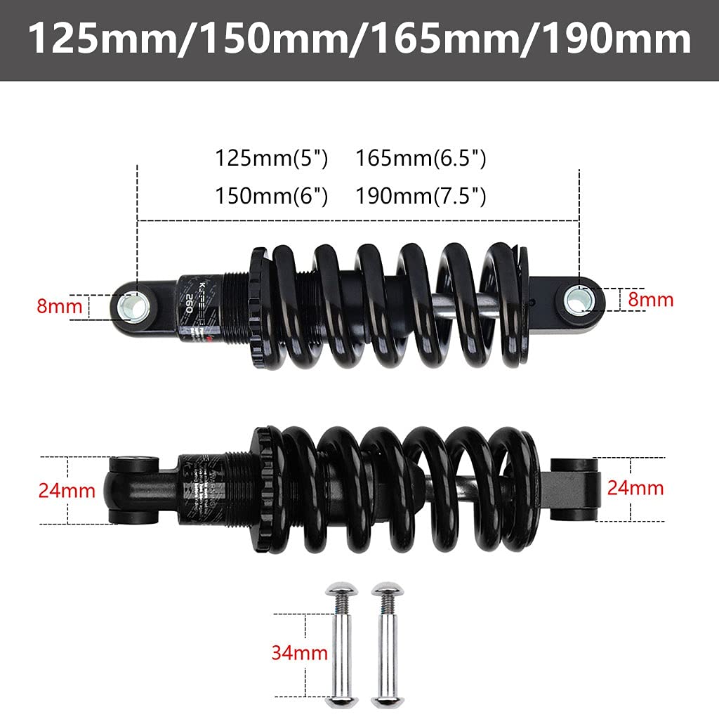 Amortisseur Vélo 125/150/165/190mm, Suspension à Ressort 150Lbs-2000Lbs avec Bague et Vis