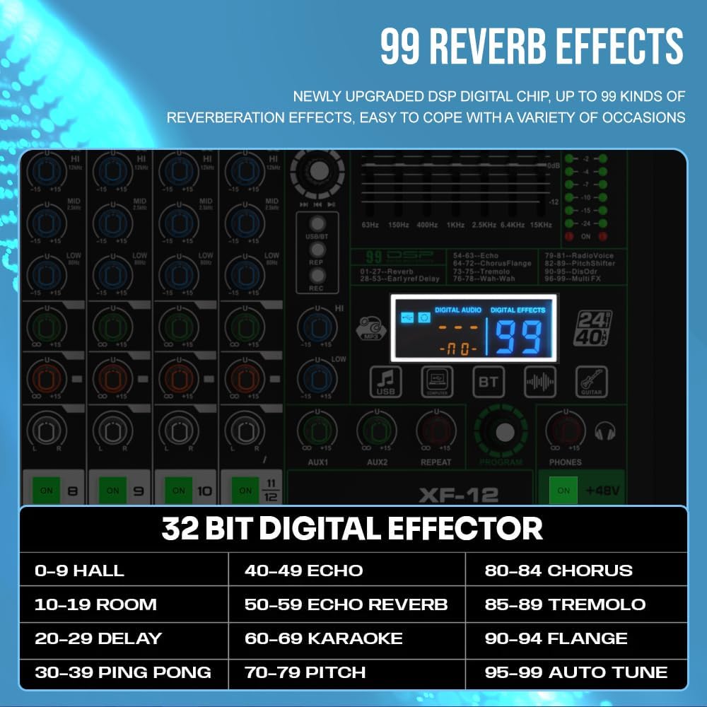 XF16 Professional DJ Audio Mixer, 16 Channel, with 99 DSP Effects, 7-Stage Equalizer, Separate 48V Phantom Power and Mute Button, Bluetooth Function, USB Interface Recording