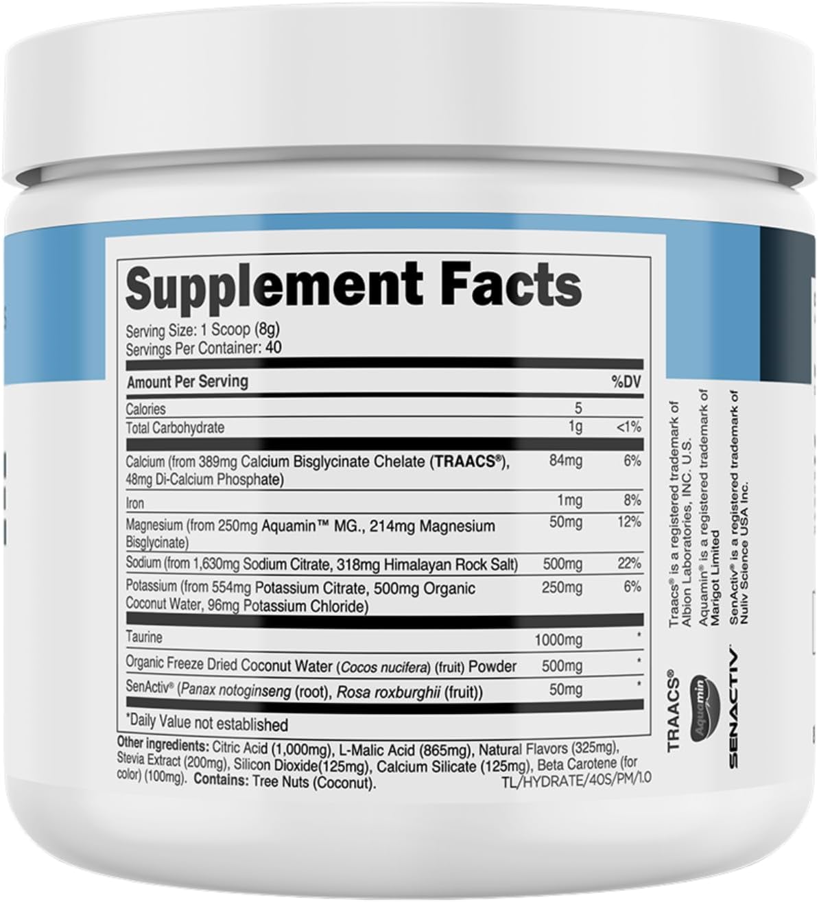 Supplement Facts panel for Transparent Labs Hydrate showing detailed ingredient list and amounts
