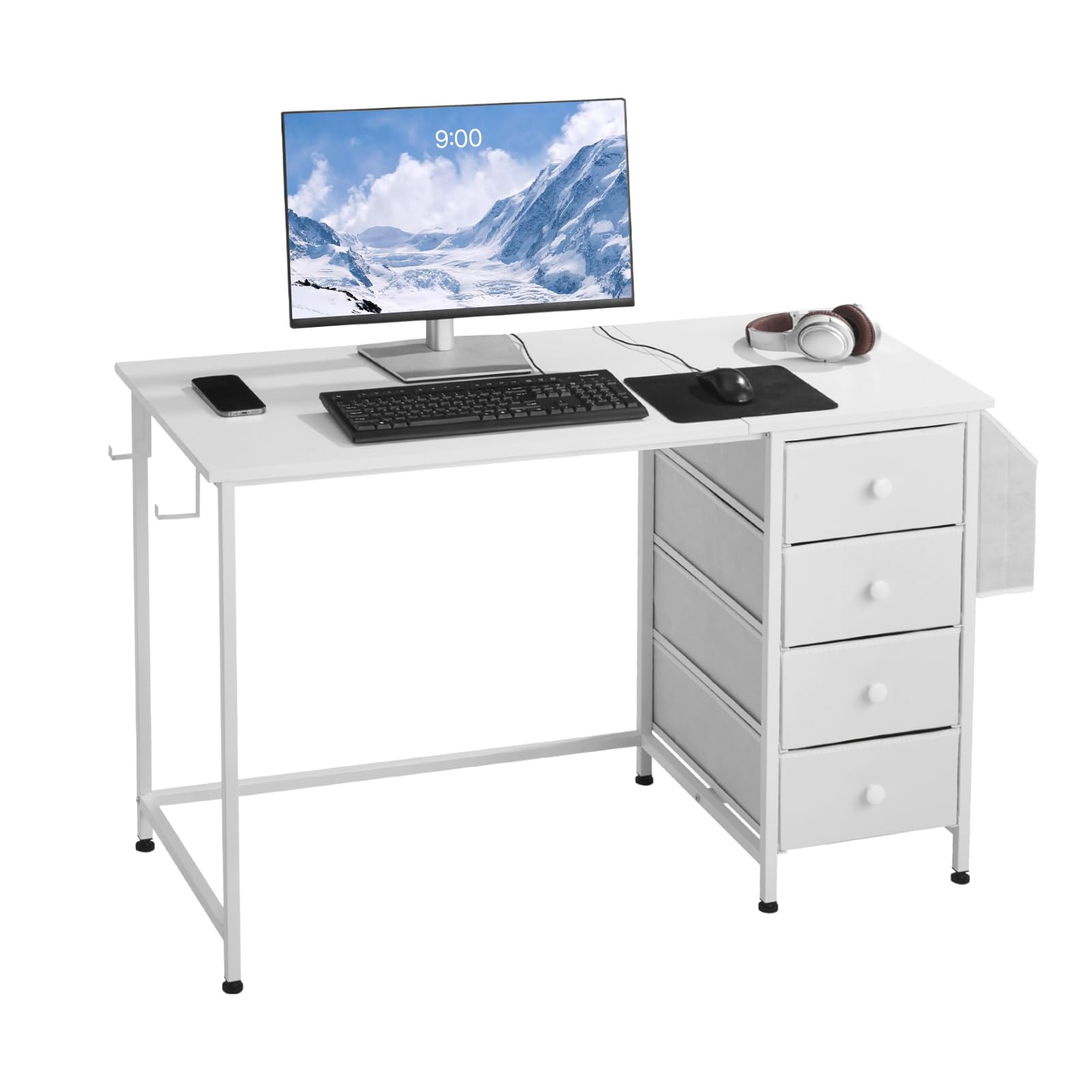VEVOR Biurko komputerowe z szufladami z tkaniny, dwustronne 120 cm do nowoczesnego biura domowego sypialni, prosty nowoczesny stół PC z metalową ramą, biały