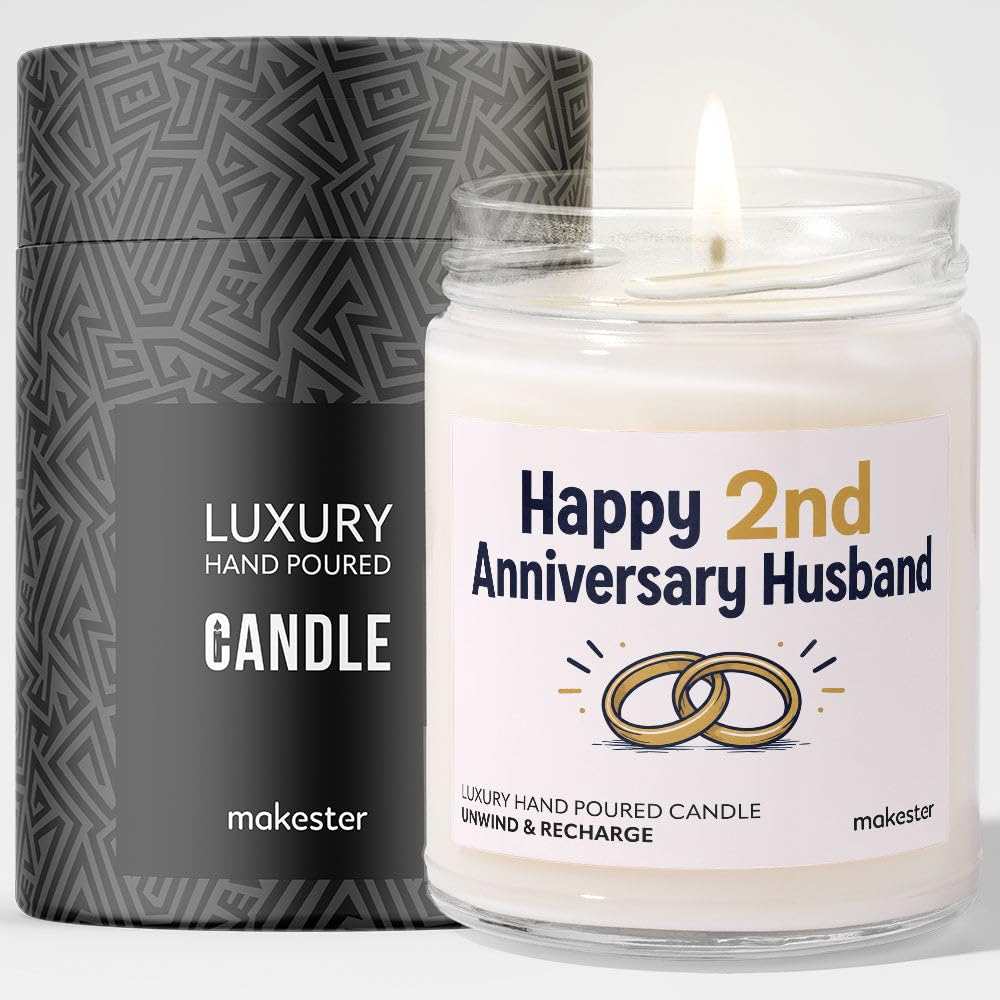 2nd Anniversary Candle Gift for Husband - Luxury Soy Wax Candle - Vanilla, Jasmine, Sugared Almond - Makester — image 1