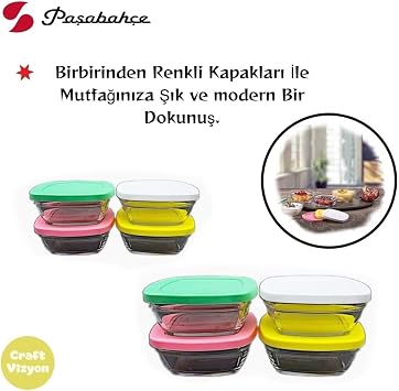 Paşabahçe Pudding Silikon Kapaklı Cam Saklama Kabı, 8'li Set, Kahvaltılık, 310cc