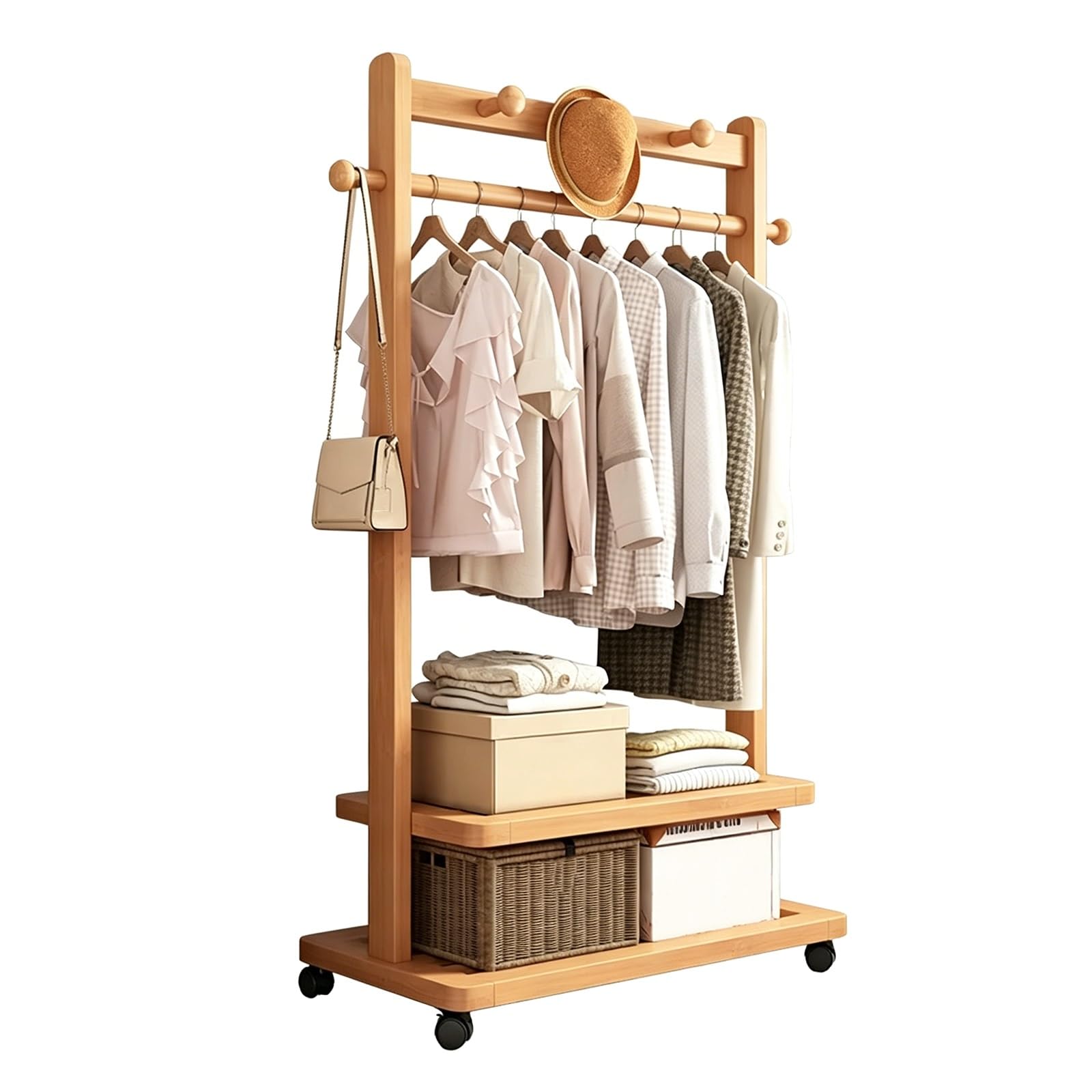lyxamjrzyp Bamboo Clothes Rack with Wheels, Freestanding Clothing Rack, Portable Garment Organizer for Bedroom Living Room Entryway Closet(Natural,Large)