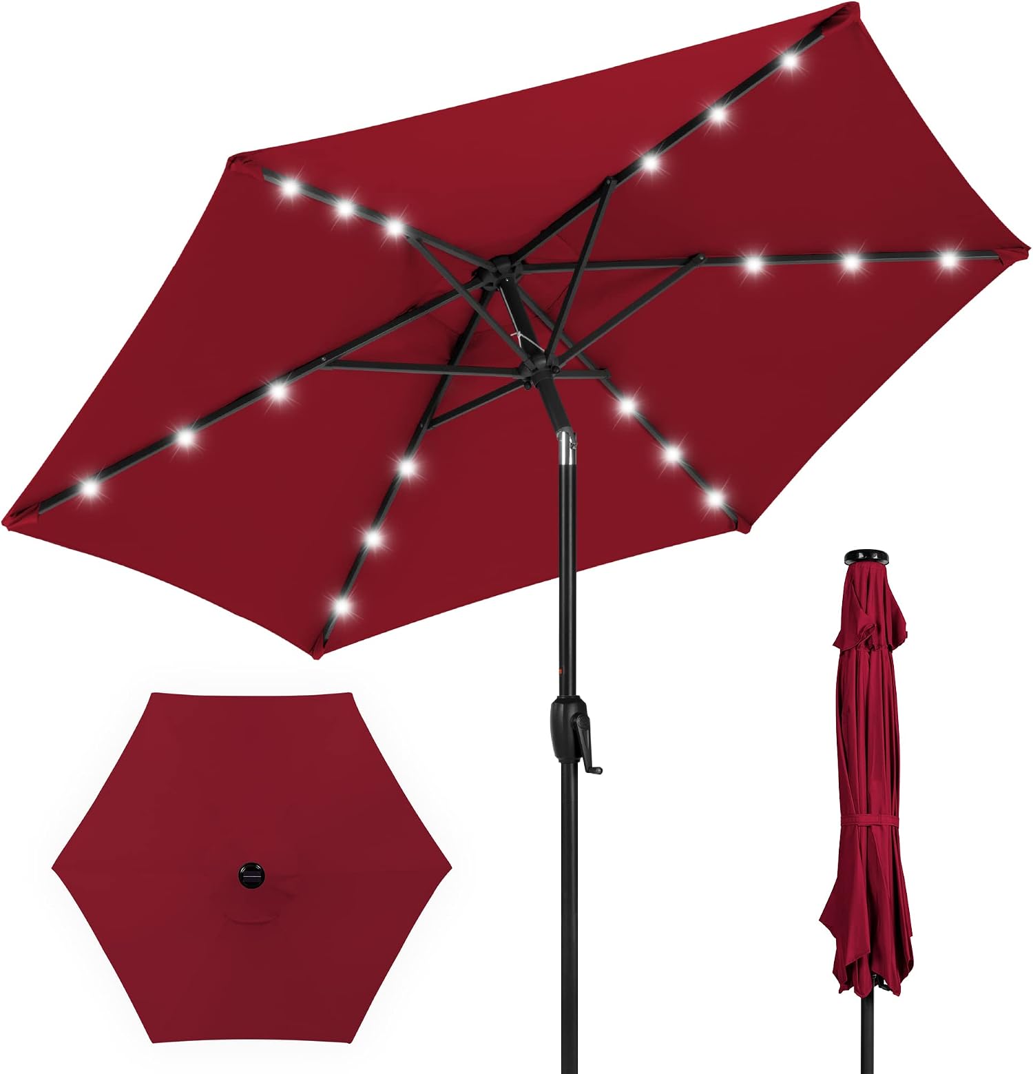 Best Choice Products 7.5ft Solar Umbrella LED Lighted Patio Umbrella, Table Market Umbrella with Tilt and Crank, Outdoor Umbrella for Garden, Deck, Backyard, Pool and Beach - Burgundy