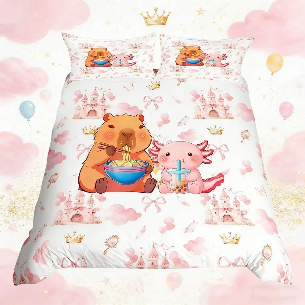 Loussiesd Girls Pink Bow Double Duvet Cover Capybara Axolotl Bedding Set for Kids Castle Comforter Cover Kawaii Crown Bedspread 3Pcs Lamian Noodles Room Decor โ image 1