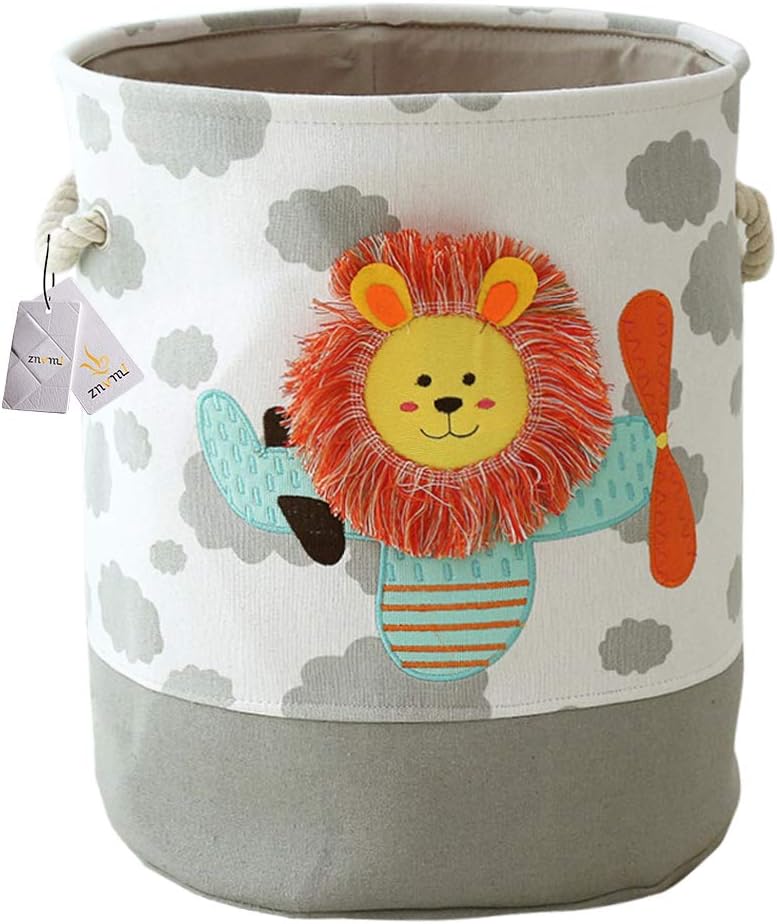 Large Laundry Basket Collapsible Fabric Nursery Hamper Cute Cartoon Clothes Bag Children Toys Storage - Lion/Grey