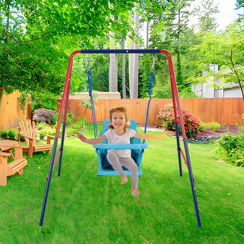 Wekuku Green & Blue 2-in-1 Baby Swing Set – Mental Plastic Safe Swing for Outdoor Playground, Holds 110lbs, Ages 3 + (Blue + Red)