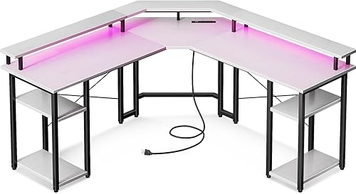 Coleshome Escritorio para juegos en forma de L con luces LED y tomas de corriente, escritorio reversible de 56 pulgadas con soporte completo para