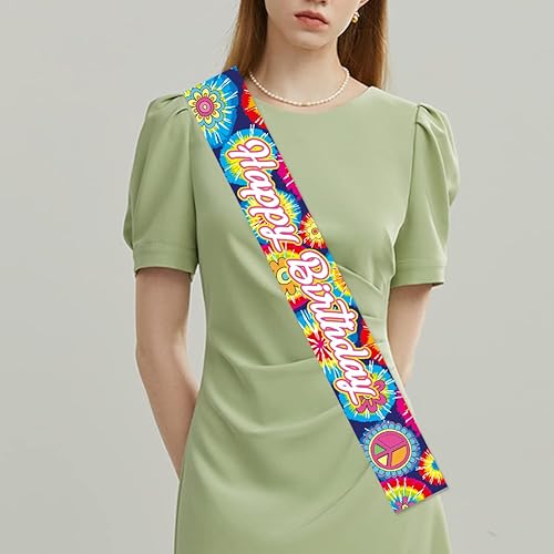 Miniatura 6 de Banda de cumpleaños de teñido anudado para fiesta temática hippie, tema de los años 60, decoración de fiesta de cumpleaños hippie suministros de