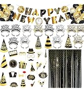60 Pcs New Years Eve Party Supplies 2026 New Year Banner, Headband, Cone Hats, Balloons, Star Fri...