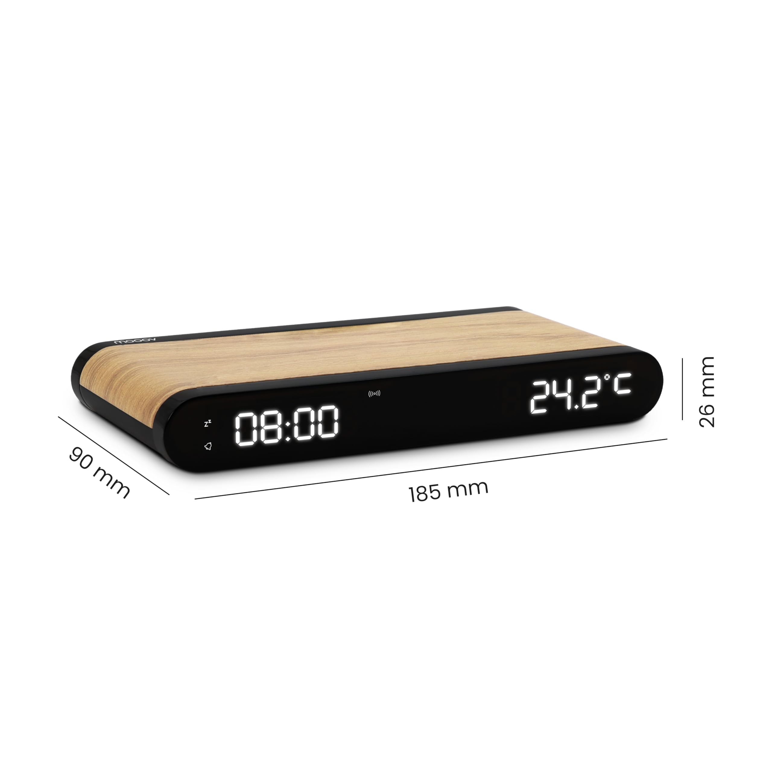MOOOV 477349 Budzik ładowarka indukcyjna 15 W i port USB-C - wbudowana temperatura - efekt drewna