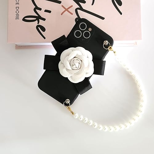 Miniatura 2 de Funda de piel sintética blanca de lujo con lazo de flores de camelia, TPU negro con pulsera y cadena de perlas para iPhone 14 13 12 11 Pro Max (para