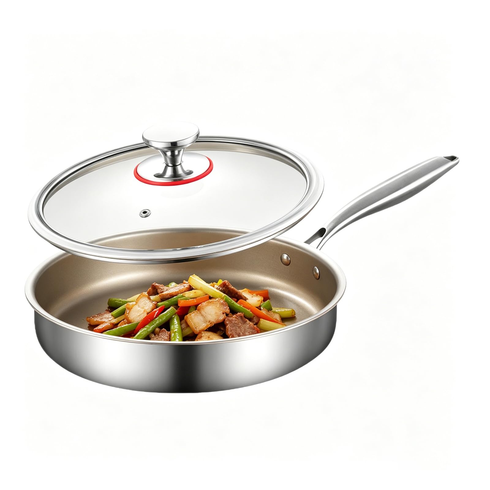 SartéN Acero Inoxidable Wok Multiusos Wok Grande Acero Inoxidable Apto Lavavajillas Wok Antiadherente con Tapa Wok InduccióN para Cocinar Familia Acampadas,30cm