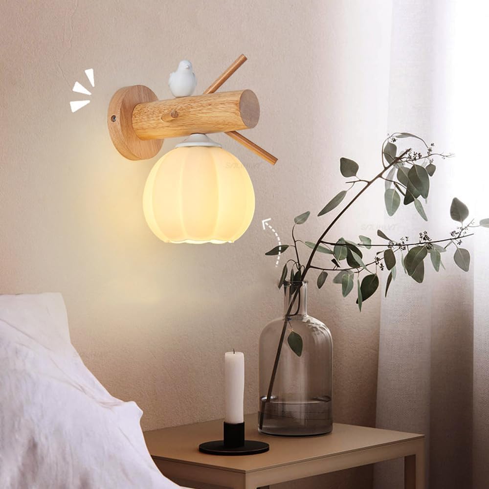 Nowoczesna drewniana lampa ścienna, lampka nocna ptaka, biała kula mleczna, latarnia ścienna do salonu, kinkiet z połowy wieku