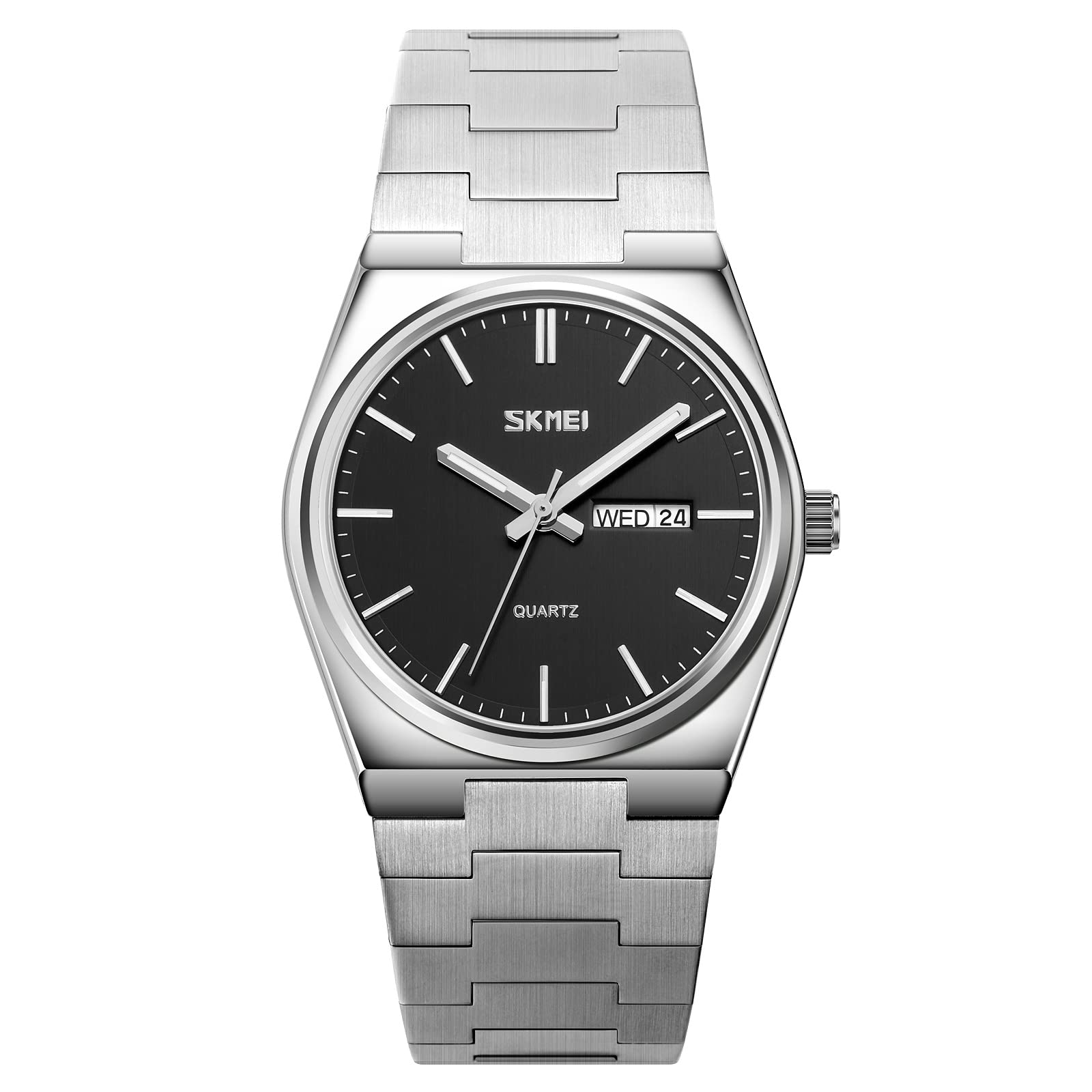 SKMEI Mens Analog Quartz Stainless Steel Watch All-in-one Fashion, Water Resistant, Supply Calendar Week (Silver - Black) (B0D1CN46WG) Amazon Price History, Amazon Price Tracker
