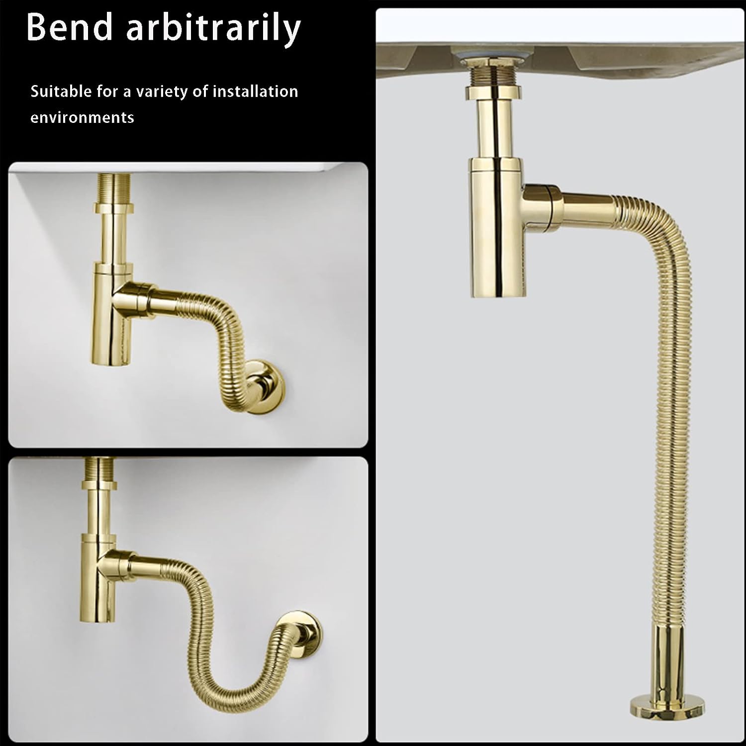 Gold Bathroom Sink Drain Stopper, P-Shape Adjustable 1-1/4 Inch Slip Inlet Drain Complete Kit,Brass Pop Up Drain Stopper with Overflow,Sink Drain Assembly,100CM