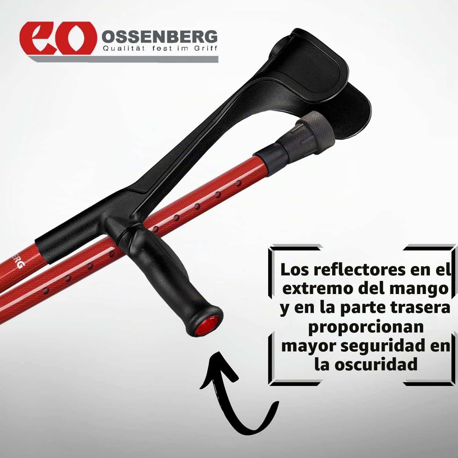 Ossenberg Muleta de viaje plegable anatómica de fibra de carbono roja con agarre suave – izquierda