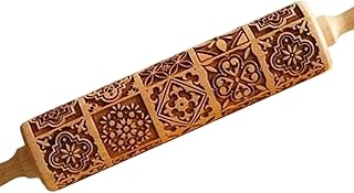 Embossed Rolling Pin 14" Vintage and Traditional Pattern Wooden Rolling Pin Easy to Clean Engraved Cookies Mold for Christmas Party Kitchen Tools