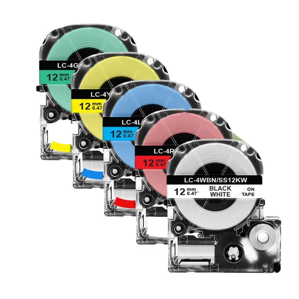 Nastro per etichette da 12 mm SS12KW LC4WBN9 SS12KW SC12YW ST12KW compatibile con etichettatrice LW300 LW400 (5 pezzi, 5 colori misti)
