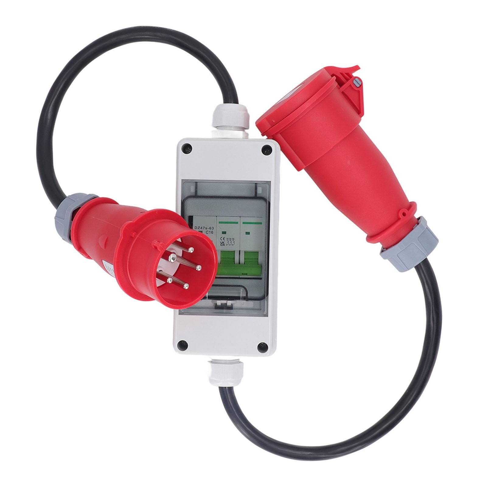 SIXRUN Adattatore CEE Adattatore di Alimentazione CEE in Gomma Rame ABS 16A 5 Pin 2,5 mm² con Interruttore Automatico 400 V 3P IP44 per Campeggio, Officina, Cantiere, Uso Commerciale
