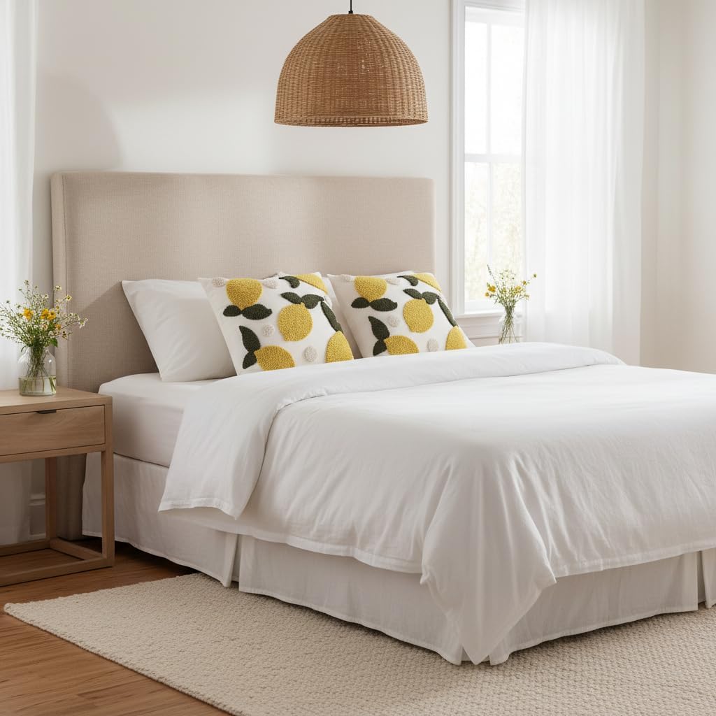 Embroidered Throw Pillow Covers 18x18 Pack of 2 Yellow Lemon Pillow Cushion Cases Farmhouse Decor Square Tufted Pillowcases for Spring Summer Sofa Couch Bedroom