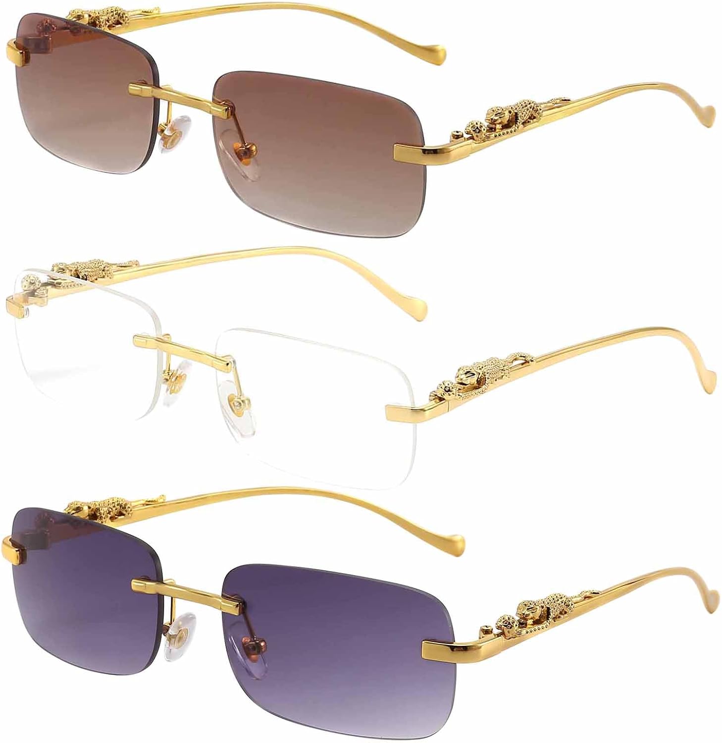 Dollger Rectangle Rimless Sunglasses for Women Men Leopard Arms 70s 80s Retro Sun Glasses