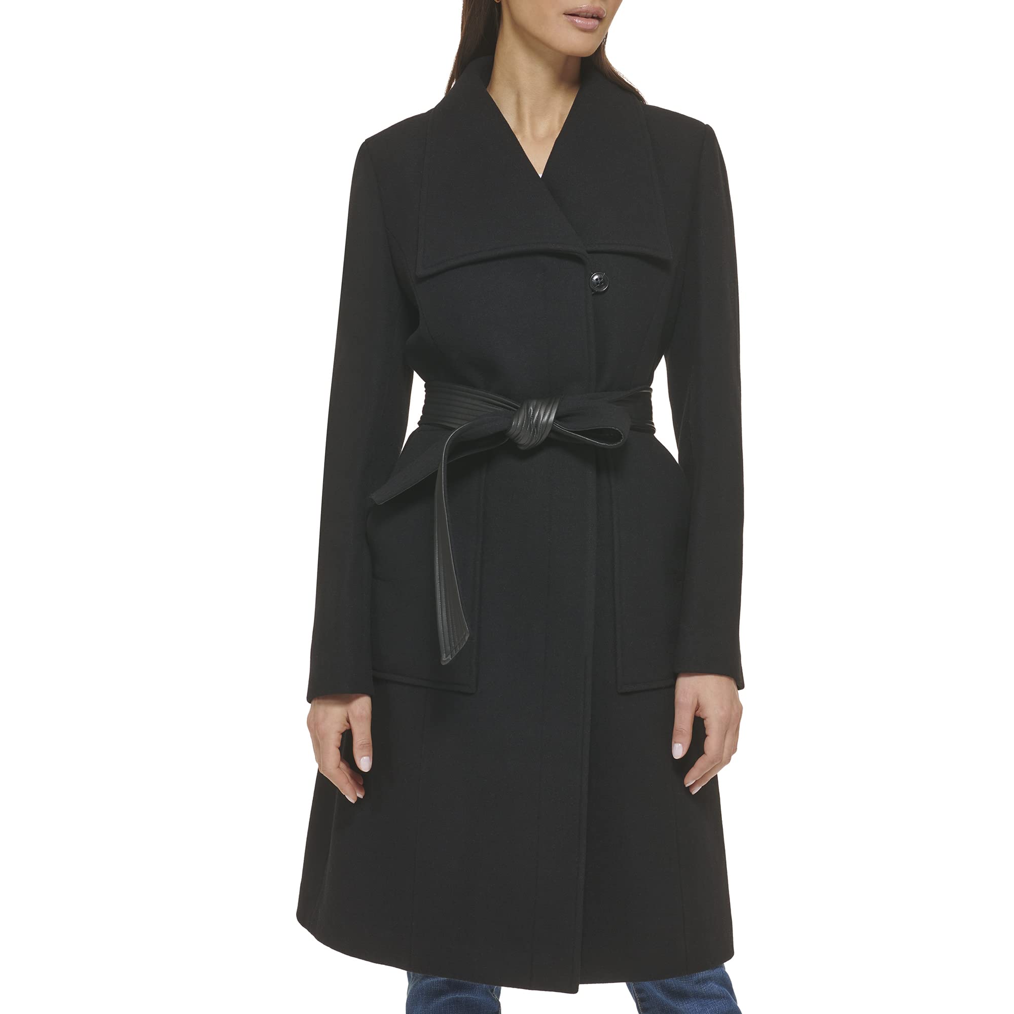Cole Haan Women's Belted Coat Wool with Cuff Details, Black, 12