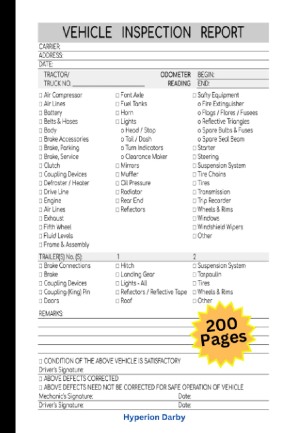 Driver Vehicle Inspection Report Book Daily Vehicle Inspection