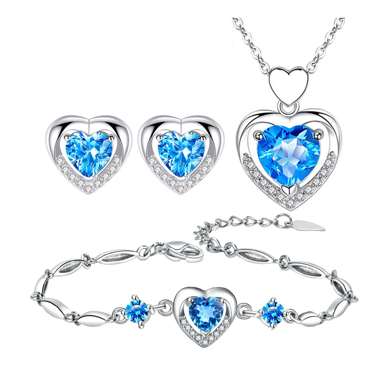TOEECY Corazón Conjuntos de Joyas para Mujer y Niñas Cristal Colgante Collar Pendientes y Pulsera Cubic Zirconia Plata chapada 925 Fiesta Boda Nupcial Dama de Honor
