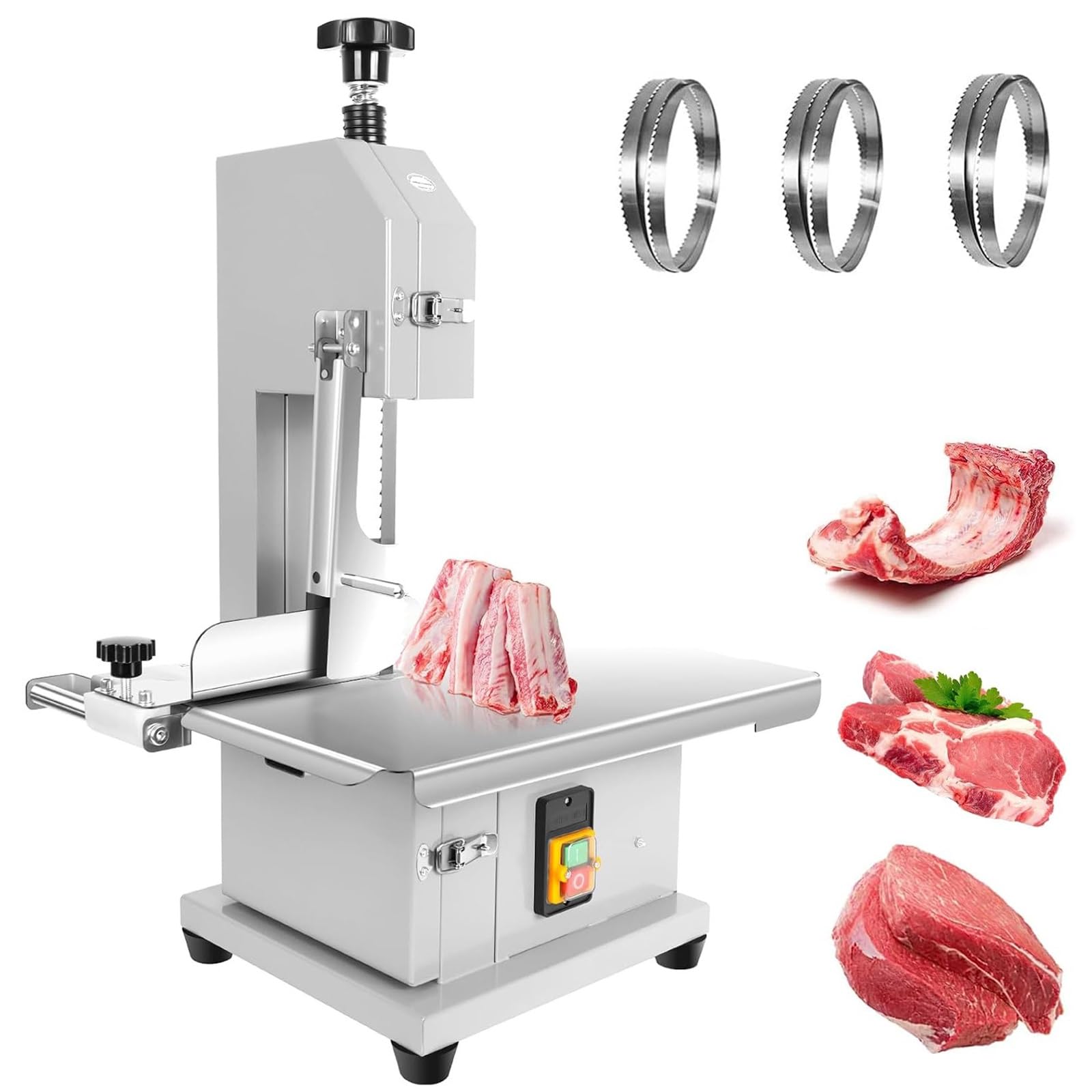 Sierra de Cinta Comercial, Máquina Eléctrica de 1100 W para Cortar Huesos y Carne (Carnicería), Cortadora de Carne Congelada de Acero Inoxidable para Encimera, Mesa de Trabajo de 19x14 pulgadas