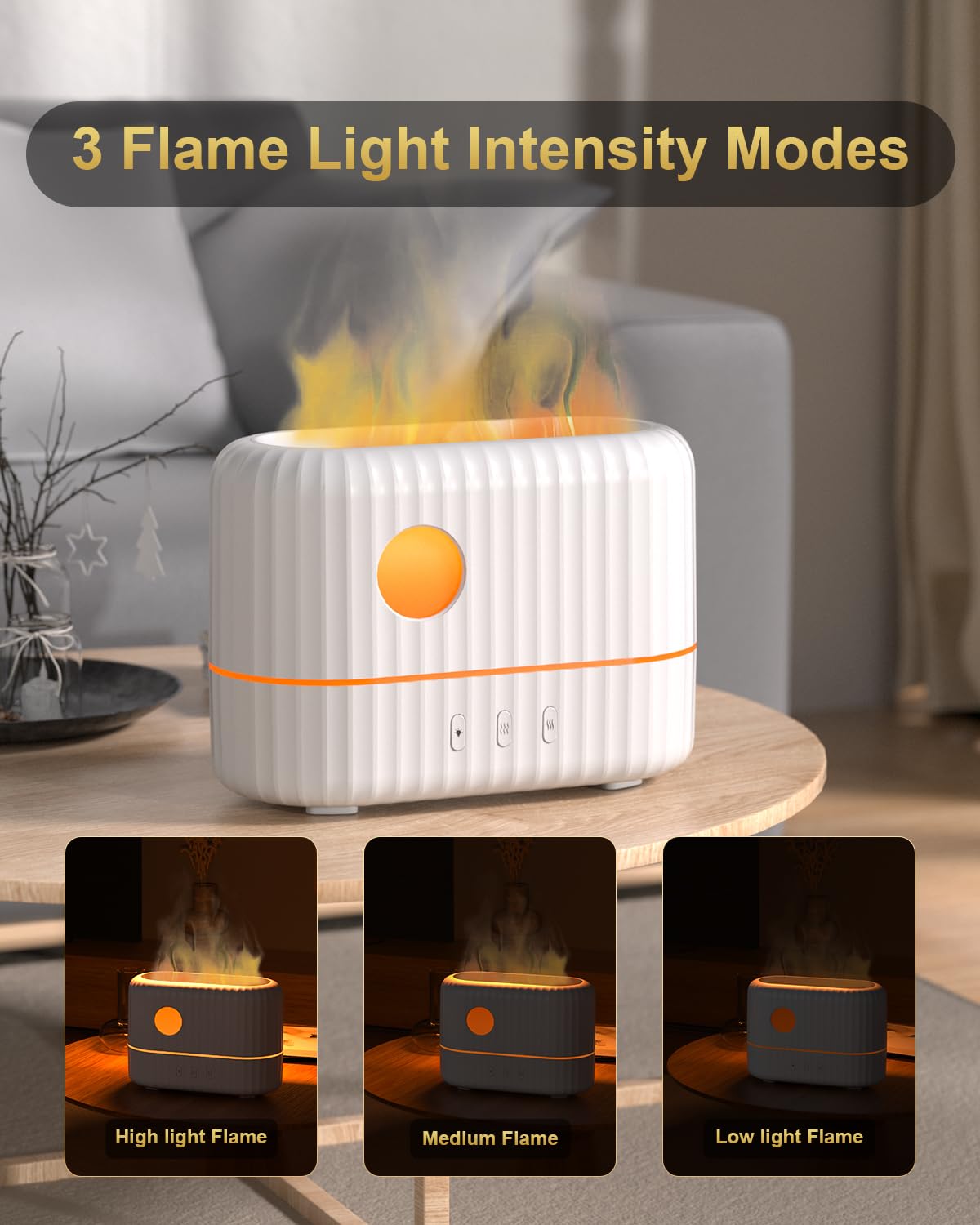 Diffusore di oli essenziali con luce a fiamma, 3 modalità di intensità della luce della fiamma e 2 impostazioni di nebbia fredda regolabili, umidificatore per aromaterapia, design portatile da 200 ml,