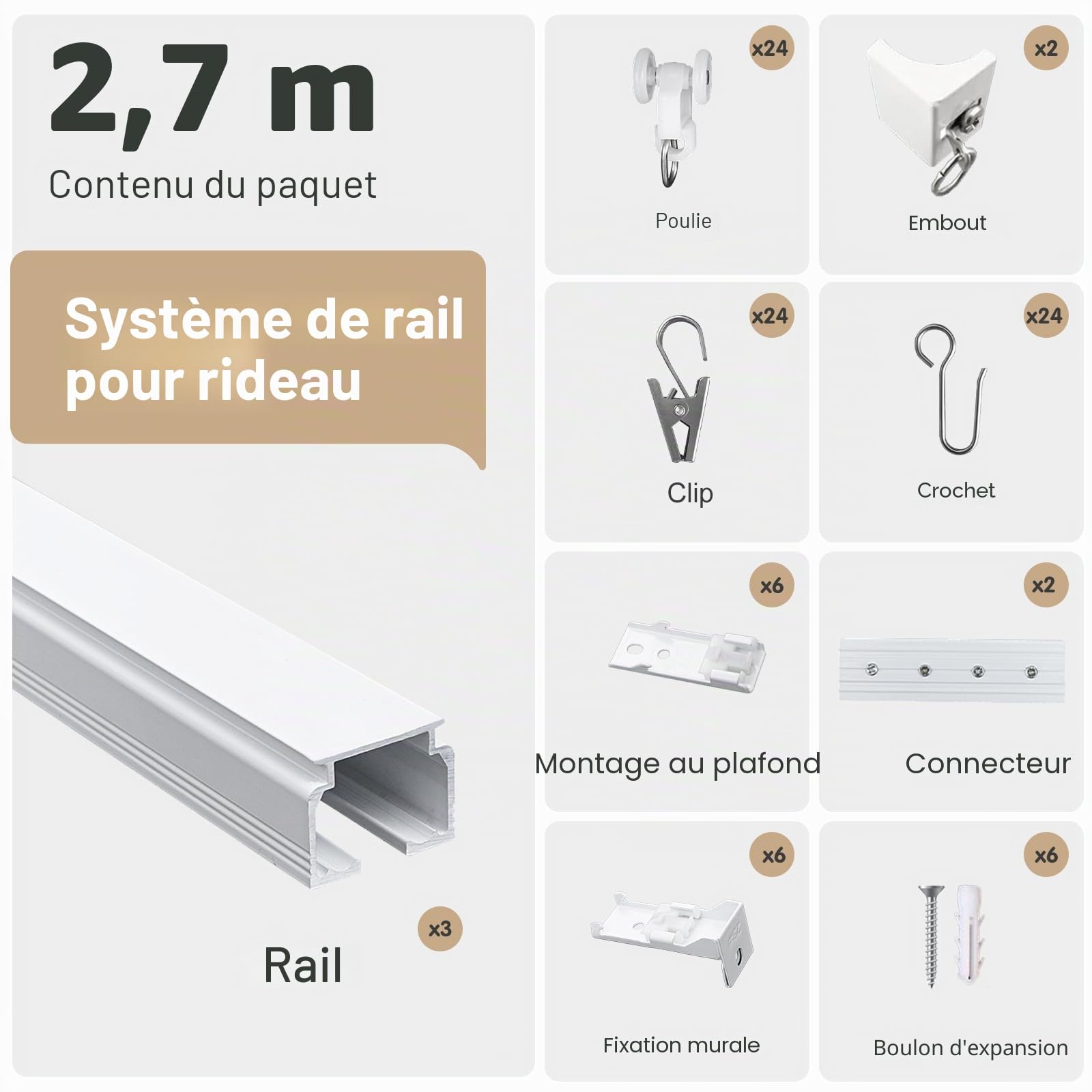 Rail de rideau de plafond robuste - Système de tringles à rideaux - Séparateur de pièce - Rails de plafond - Crochets coulissants - 2,7 m - Blanc