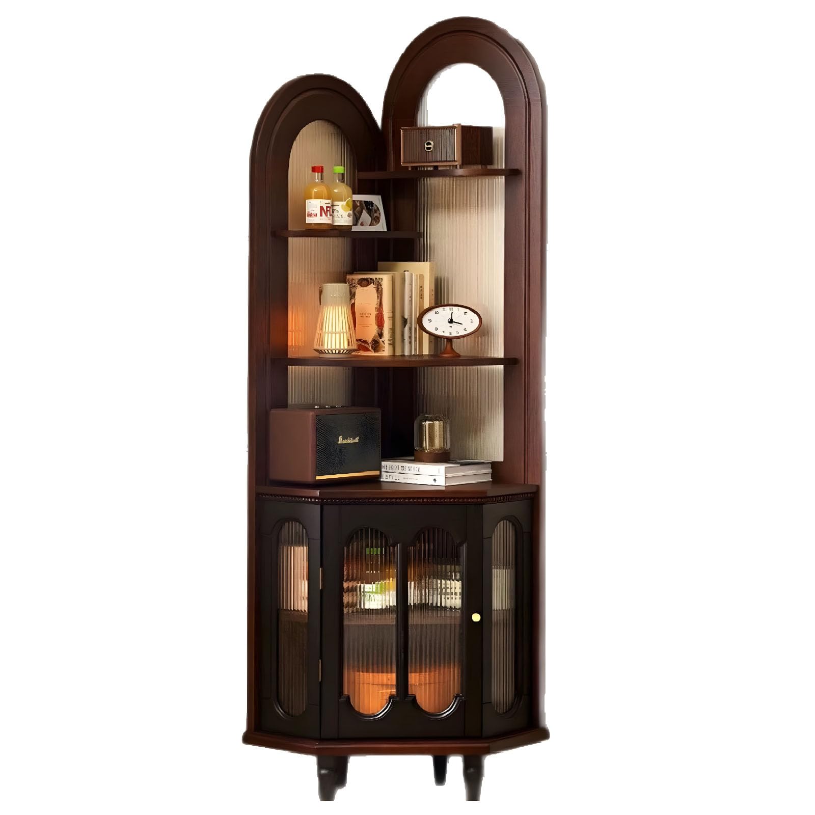 Aiupuyer Floor-Standing Storage Rack, Home Bar Liquor Storage Cabinet Corner Bookshelf with Storage Bookcase French Corner Shelf, Vintage Solid Wood