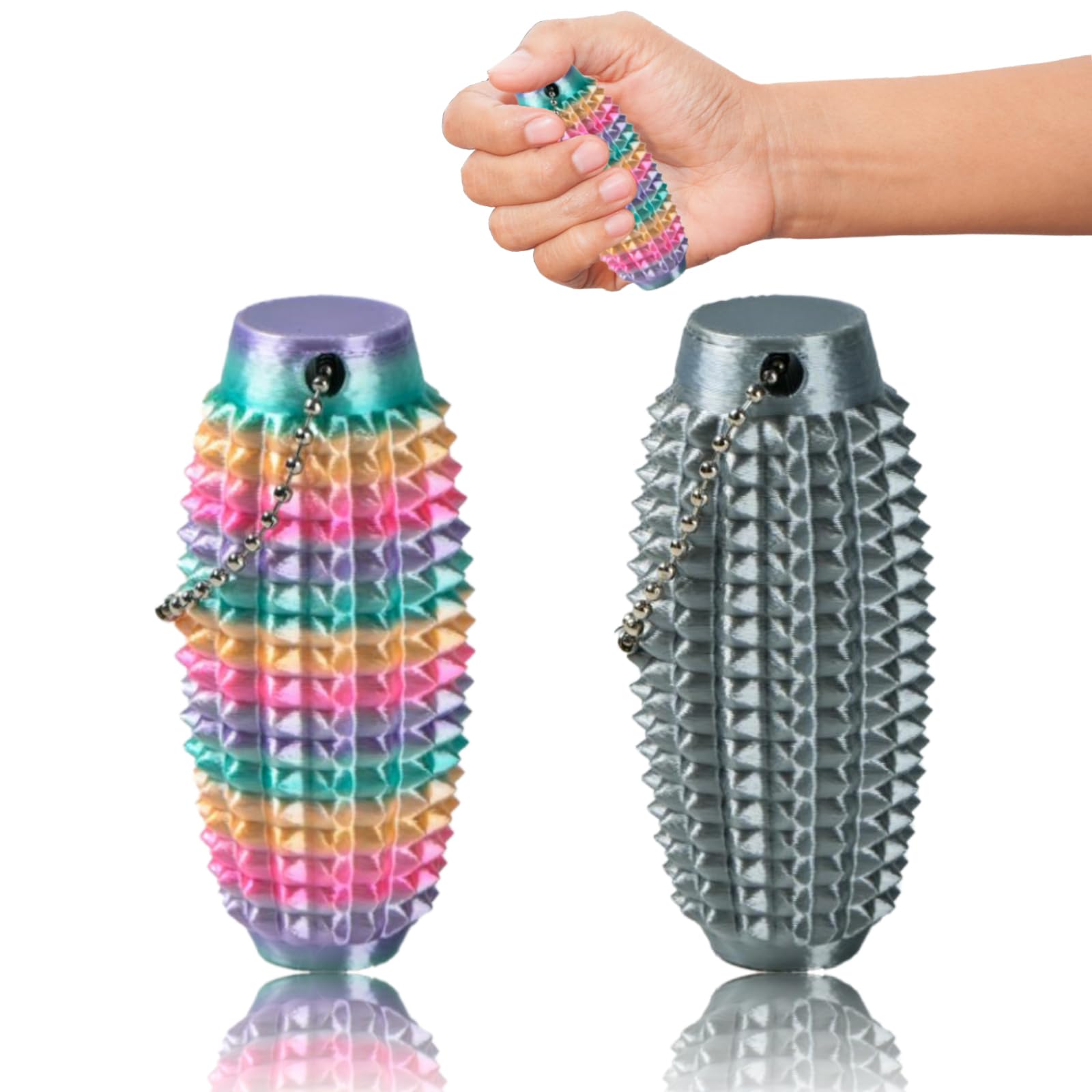 2Pcs Little Ouchies Fidget Spiky Keychain for Adults - 3D Printed Sensory Stress Relief Toy for Anxiety, Focus &amp; Pain Stimulation, Portable ADHD Autism Fidget Toys (Grey &amp; Rainbow)
