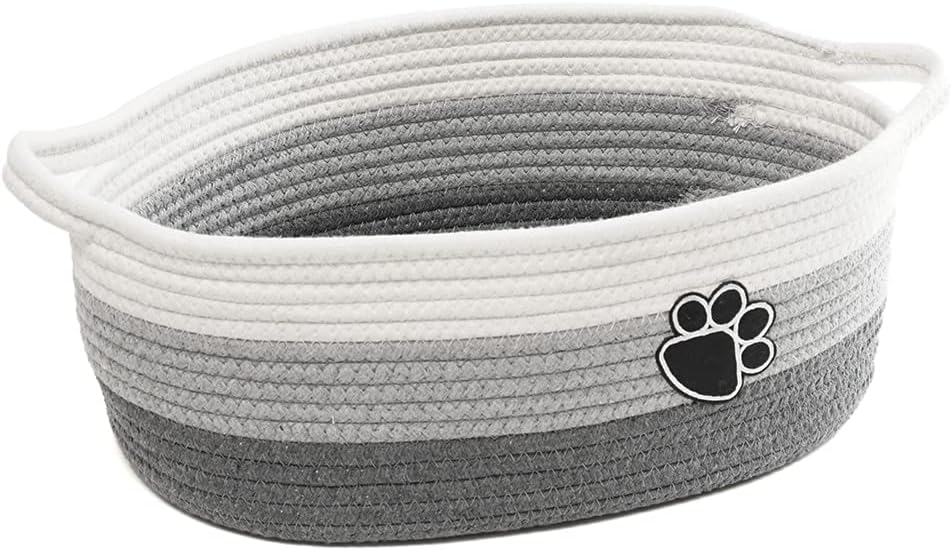 Small Woven Baskets for Organizing Rope Storage Basket with Handle Cute Cotton Basket for Nursery Gift Dog Toy Storage Bins for Toy Organizer Grey-white