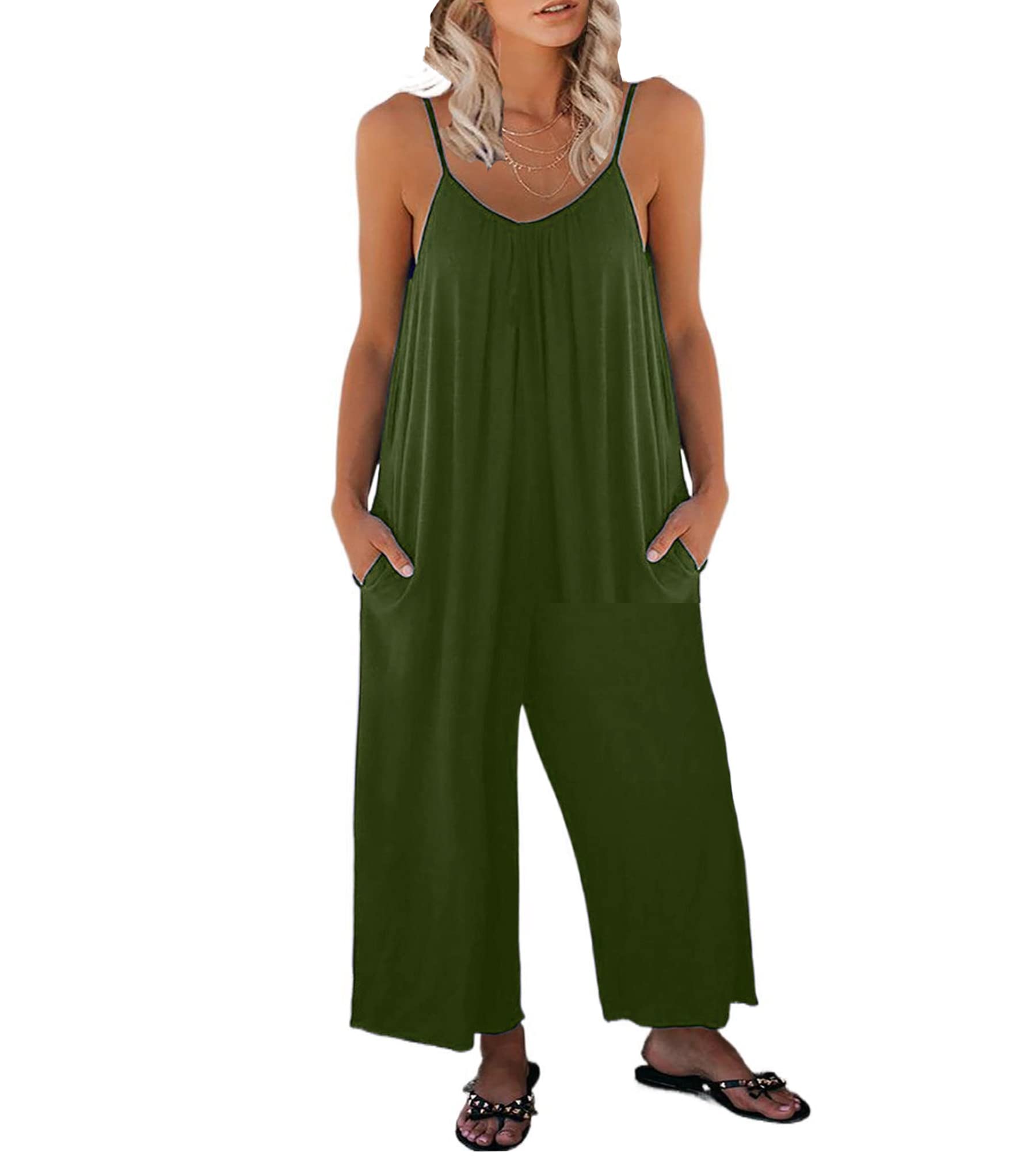 Jengo Women's Loose Sleeveless Jumpsuits Spaghetti Strap Stretchy Long Pant Romper Jumpsuit with Pockets Baggy Playsuit Romper