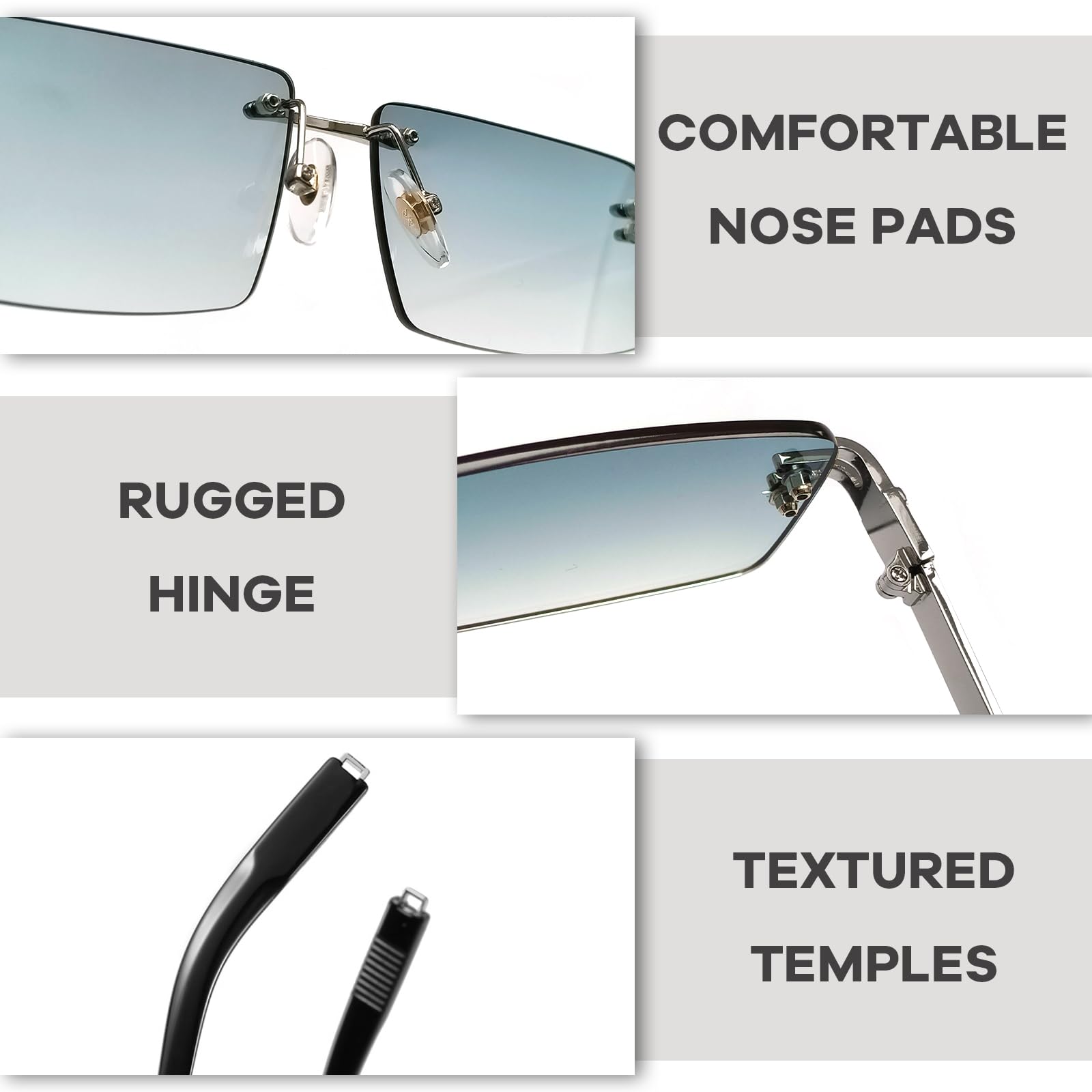 Lunettes de soleil rétro sans monture pour hommes femmes lunettes de soleil à monture ultra-petite rectangulaire voir à travers les lunettes de lentille