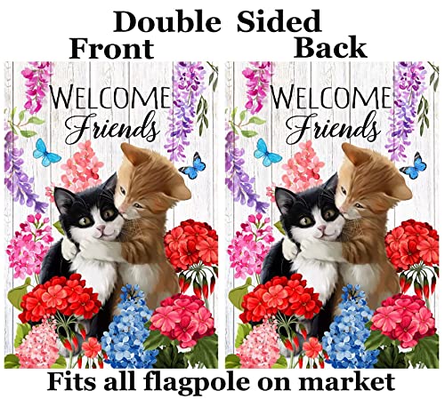 Shinesnow Welcome Friends Cute Cats Kitten Floral Flowers Butterfly Spring Summer House Flag 28" X 40" Double Sided Polyester Welcome Large Yard Garden Flag Banners For Patio Lawn Home Outdoor Decor #TOP30
