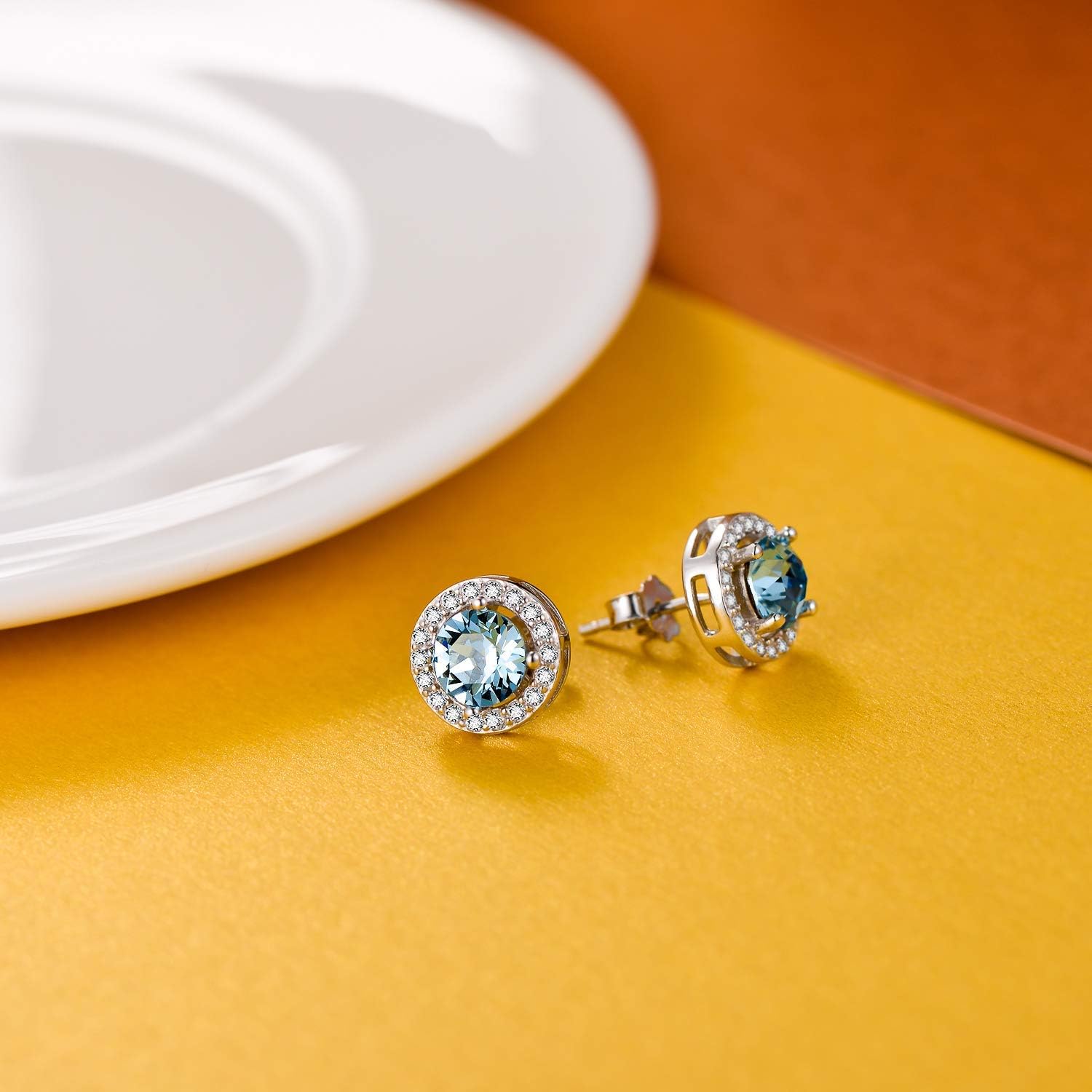 AOBOCO Sterling Silver Halo Earrings with 12 Birthstone Austrian Crystals, Hypoallergenic Stud Earrings for Women, Perfect for Anniversary Birthday Wedding Christmas, Beautiful Jewelry Gift for Her
