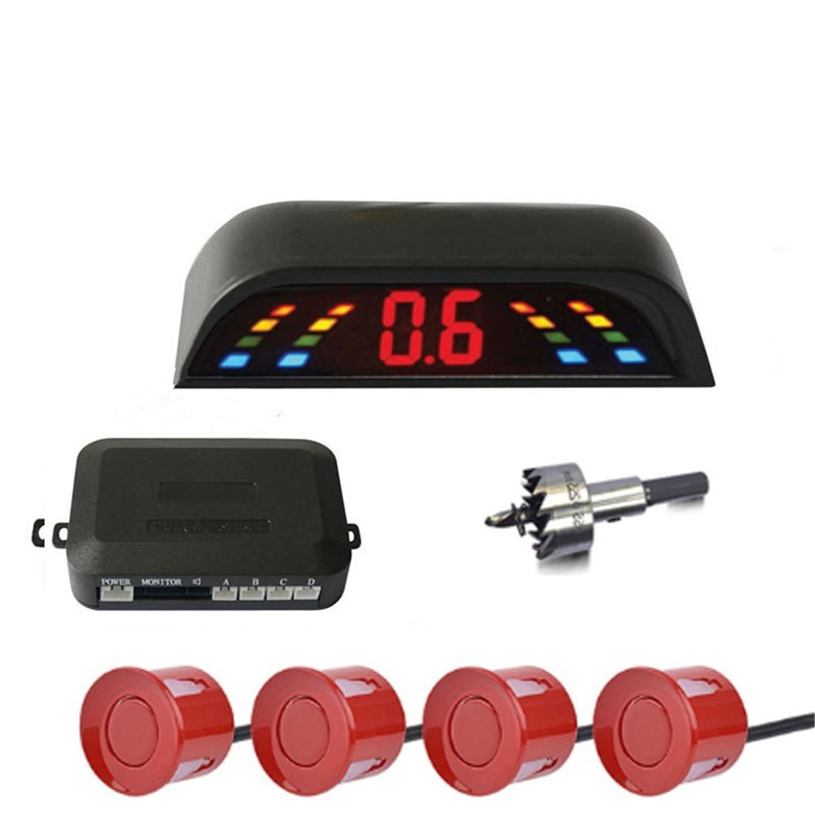 Voiture Recul Radar Capteur Stationnement Sans Fil Voiture Parktronic Avec 4 Systèmes Détection Radar De Recul Et D'affichage Distance Avant-arrière(Red)