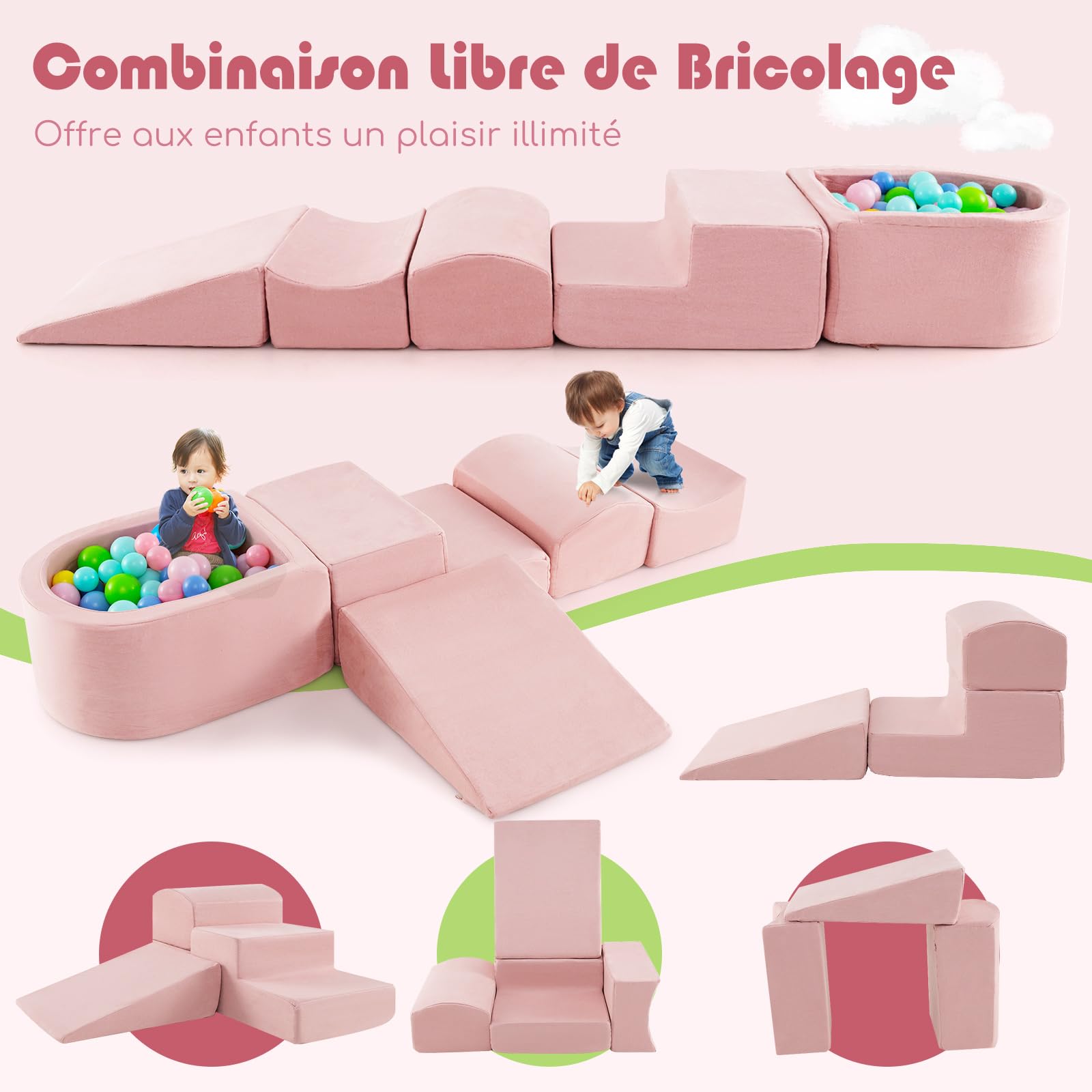 DREAMADE Parcours de motricité Bébé 5PCS avec Housse Lavable, Blocs de Construction avec Piscine à Balles, Module Motricité pour Enfant 3+ Ans, sans Balles (Rose)