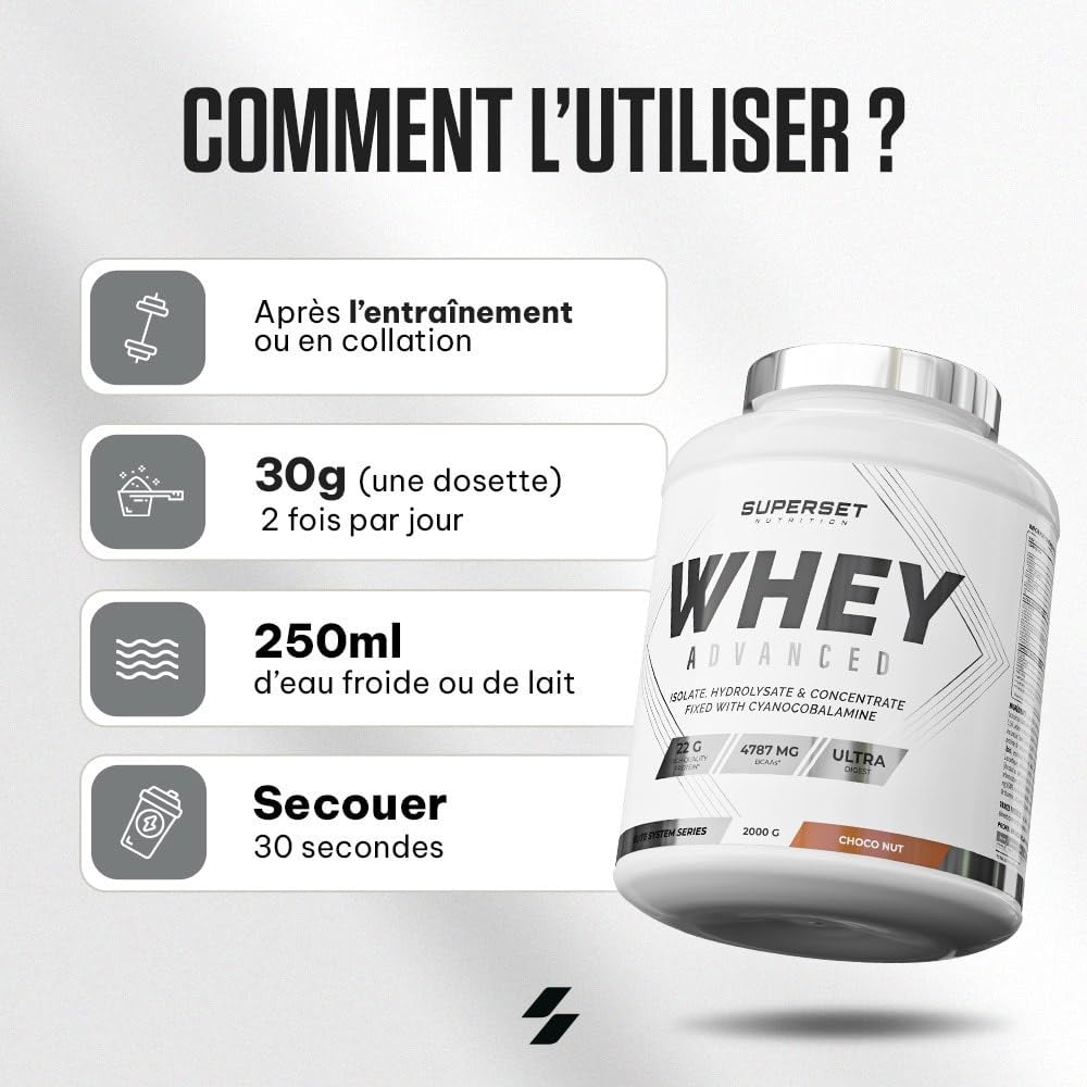 Superset Nutrition - 100% Whey Proteine Advanced (2kg) - 74% de protéines - Isolat + Concentrat + Hydrolysat, Digestion optimisée, Riche en BCAA et en glutamine - Choco-Nut