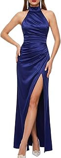 Women’s Satin One-Shoulder Ruched High Slit Elegant Bodycon Maxi Evening Prom Gown Sexy Formal Dress