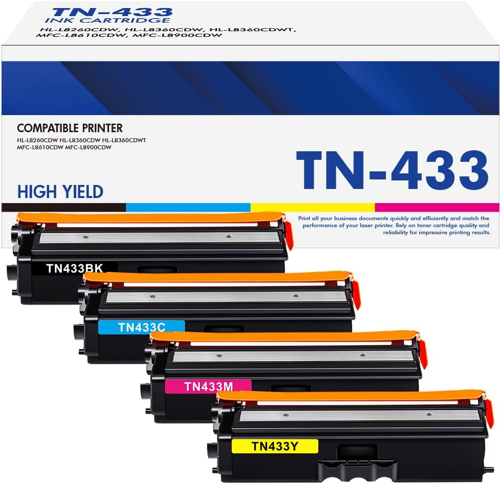 TN433 TN-433 Toner Compatible for Brother TN433 Toner Cartridge Set TN431 TN-431 TN-433BK TN-433C TN-433M TN-433Y MFC-L8900Cdw HL-L8260CDW HL-L8360CDW MFC-L8610CDW HL-L8360CDWT Printer (4-Pack)