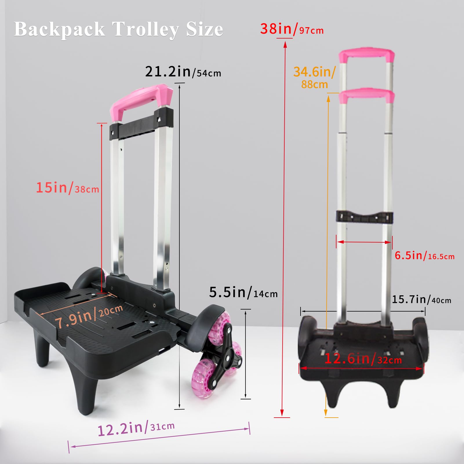 Carro de mochila con ruedas, carro de mano plegable de aleación de aluminio con 3 ruedas y correa de equipaje para mochilas y equipaje de viaje, carrito de mochila con base de protección de bordes